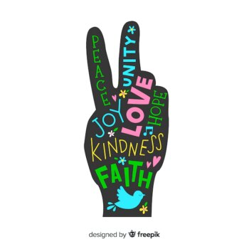 Free Vector | Hand peace sign filled with words background