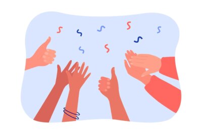 Free Vector | Hands clapping and giving thumbs up. crowd of diverse people applauding, audience cheering flat vector illustration. success, celebration, support concept for banner, website design or landing page