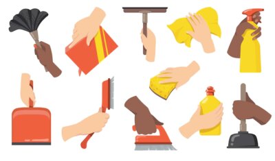 Free Vector | Hands holding cleaning tools flat illustration set. cartoon arms with broom, brush, scoop, bottle with cleaner and rag isolated vector illustration collection. household maintenance and cleanliness co