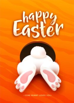 Free Vector | Happy easter greeting card with funny cartoon white easter bunny ass, foot, tail in the hole. celebration holiday lettering text.