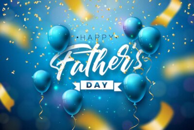 Free Vector | Happy father's day greeting card design with blue balloon and falling confetti on shiny background