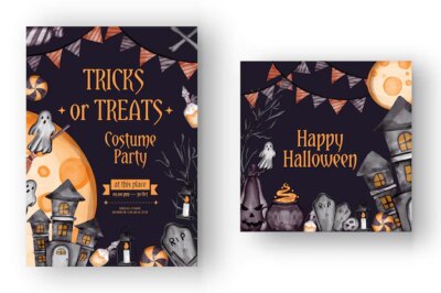 Free Vector | Happy halloween background, and party invitation flyer template with horror symbols pumpkin bones skull halloween background
