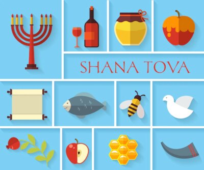 Free Vector | Happy jewish new year shana tova icons set. apple and honey, pomegranate and food,