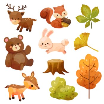Free Vector | Happy thanksgiving day icon with squirrel, bear, rabbit, deer, stumps and leaves