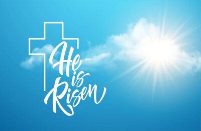 Free Vector | He was resurrected lettering against a background of clouds and sun. background for congratulations on the resurrection of christ. vector illustration eps10