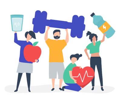 Free Vector | Healthy people carrying different icons