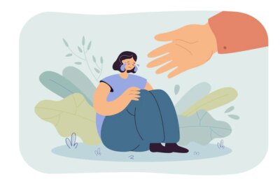 Free Vector | Helping hand for depressed crying person. cartoon illustration