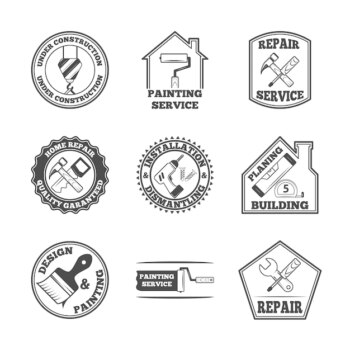 Free Vector | Home repair panting service quality building installation design labels set with black tools icons isolated  vector illustration