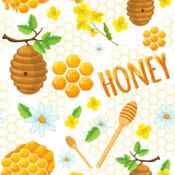 Free Vector | Honey seamless pattern with elements of honeycomb flowers and insects vector illustration