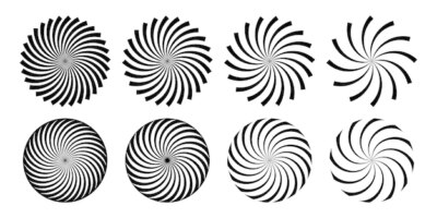 Free Vector | Hypnotic spiral vortex set abstract black and white optical illusions pack geometrical swirl vertigo with rotation effect