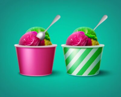 Free Vector | Illustration of triple ice cream scoops in striped and pink paper cups