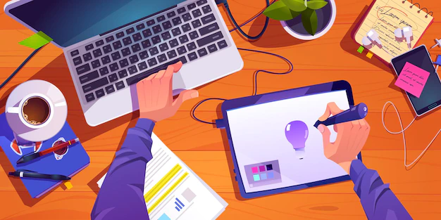 Free Vector | Illustrator or designer working process at workplace top view, male hands painting on digital tablet and laptop, develop creative project, graphic design artist profession, cartoon vector illustration