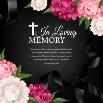 Free Vector | In loving memory background composition with flowers black ribbon and funeral cross with editable condolences text vector illustration