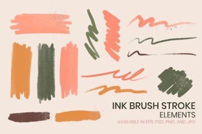 Free Vector | Ink brush stroke element vector set with glitter