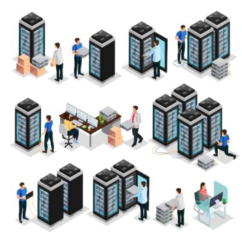 Free Vector | Isometric data center collection with engineers repair and  maintain hosting servers equipment isolated