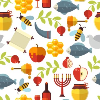 Free Vector | Jewish new year rosh hashanah seamless pattern with honey, fish and wine