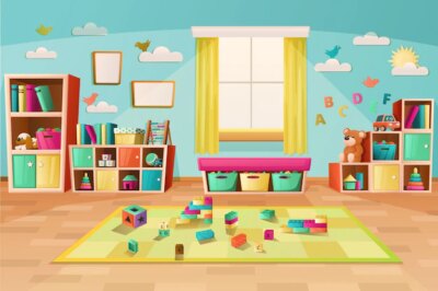 Free Vector | Kindergarten playroom interior colored background with furniture toys and books cartoon vector illustration