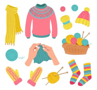 Free Vector | Knitted woolen clothes set. illustrations of apparel, wool balls of yarn in basket