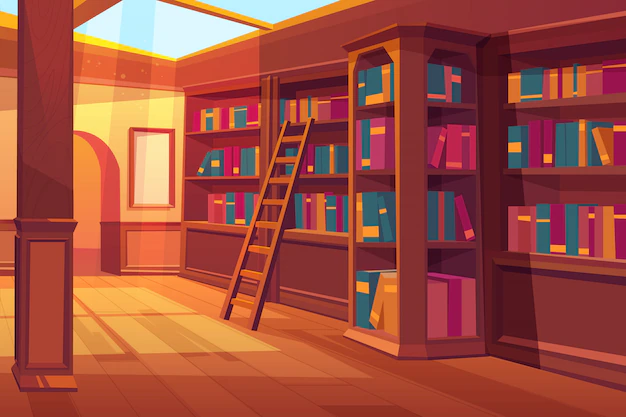 Free Vector | Library interior, empty room for reading with books on wooden shelves