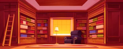 Free Vector | Library with bookcases, ladder, chair and lamp.