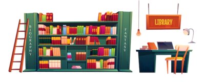 Free Vector | Library with books on shelves and laptop on table