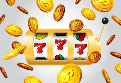 Free Vector | Lucky seven slot machine and flying golden coins on grey background.