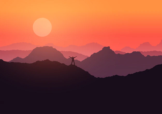 Free Vector | Man stood on mountain landscape at sunset
