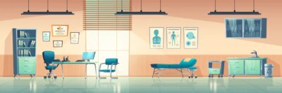 Free Vector | Medical office interior, empty clinic room with doctor stuff, hospital with couch, chair and washbasin, locker for medicine, table, computer and medical aid banners on wall cartoon illustration
