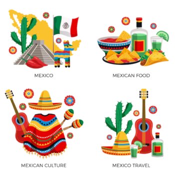 Free Vector | Mexican culture traditions food, colorful concept with cactus guitar poncho tequila tacos