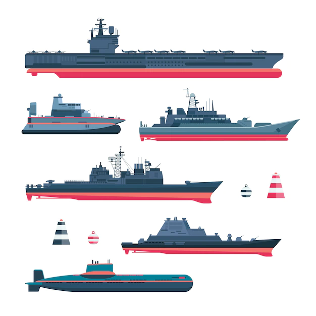 Free Vector | Militaristic ships set. navy ammunition, warship and submarine, nuclear battleship, float and cruiser, trawler and gunboat, frigate and ferry