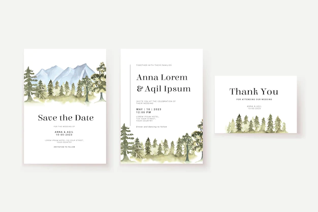 Free Vector | Mountain forest watercolor wedding invitation set