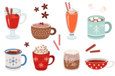 Free Vector | Mugs with warm winter drinks flat vector illustrations set. cups of hot cocoa or chocolate, coffee with whipped cream and marshmallows on white background. christmas, autumn or winter holidays concept