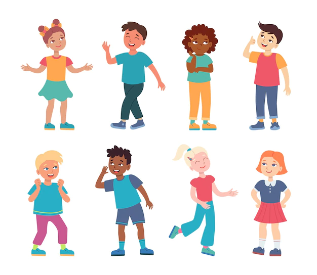Free Vector | Multicultural happy kids set. vector illustrations of diverse young characters. cartoon international boys and girls in different costumes isolated on white. kindergarten, childhood, ethnicity concept