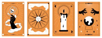 Free Vector | Mystic poster collection in boho style with sun candle death symbols on orange background isolated flat vector illustration