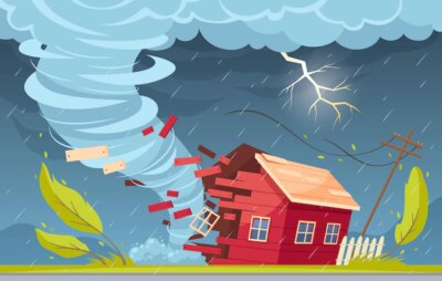 Free Vector | Natural disaster cartoon composition with outdoor suburban scenery rain clouds and tornado vortex destroying living house