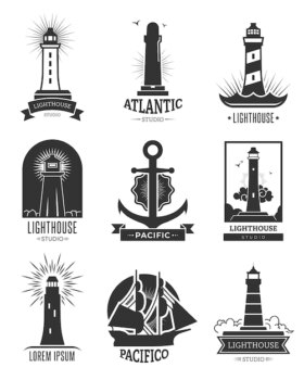 Free Vector | Nautical shipping logo set. isolated monochrome illustrations of lighthouses, anchor and ship. for marine navigation emblem, sea travel, cruise label templates