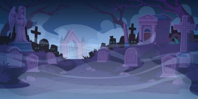 Free Vector | Night cemetery graveyard with tombstones in fog