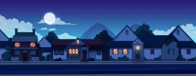 Free Vector | Night panorama of the suburban village with the facades of the country houses flat illustration