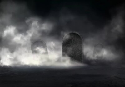 Free Vector | Old cemetery at night realistic vector with sloping gravestones covered thick fog in darkness illust