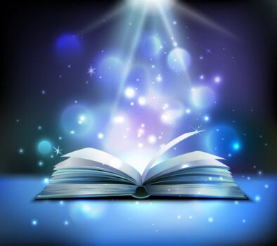 Free Vector | Opened magic book realistic image with bright sparkling light rays illuminating pages floating balls dark