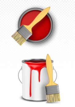 Free Vector | Paint can with brush, tin bucket with red dripping drops top and front view isolated on transparent background.