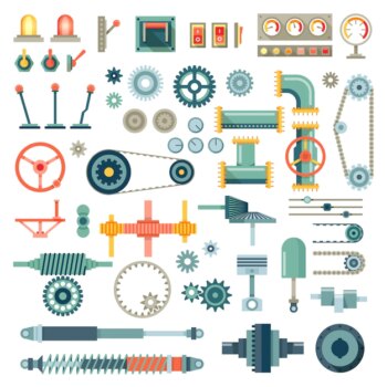 Free Vector | Parts of machinery flat icons set. gear mechanical, equipment part, industry technical engine mechanic
