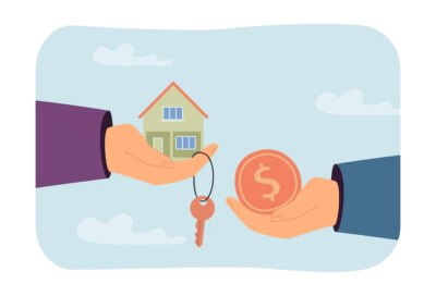 Free Vector | Person buying house. two hands exchanging coin on house and keys. purchase, real estate concept for banner, website design or landing web page