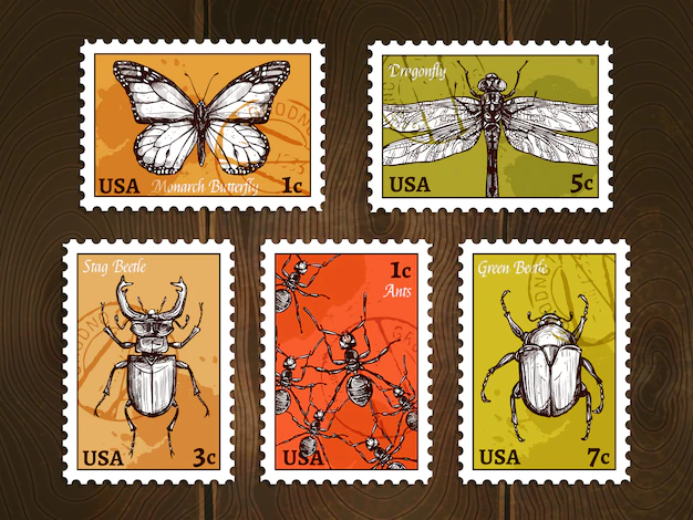 Free Vector | Postage stamps with insects sketches set