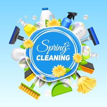 Free Vector | Poster with composition of different tools for cleaning service colored on blue background vector