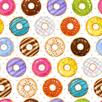 Free Vector | Powdered donut dessert background. donuts and little love hearts seamless pattern. doughnut bakery tasty
