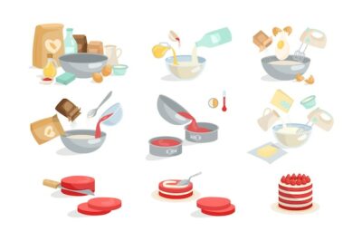 Free Vector | Process of cooking cake or pie cartoon illustration set. adding ingredients in bowl step by step, mixing eggs, flour, sugar with blender, preparing dough, baking sweet dessert. preparation concept