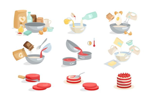 Free Vector | Process of cooking cake or pie cartoon illustration set. adding ingredients in bowl step by step, mixing eggs, flour, sugar with blender, preparing dough, baking sweet dessert. preparation concept