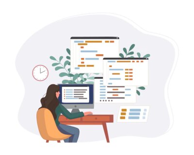 Free Vector | Programmer working on web development code. engineer programming in python, php and java script on computer.