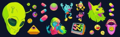 Free Vector | Psychedelic stickers with aliens drugs